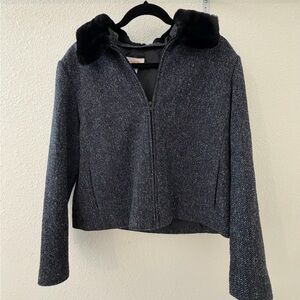 Talbots Black and Gray Blazer with Faux Fur Collar